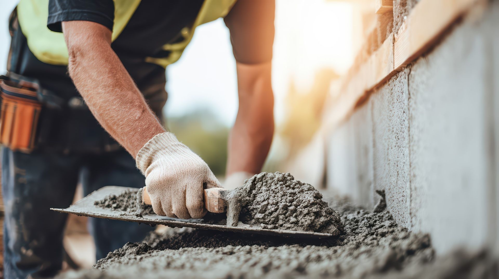 Gloved local concrete contractor smoothing fresh wet cement with a steel trowel along a block wall.