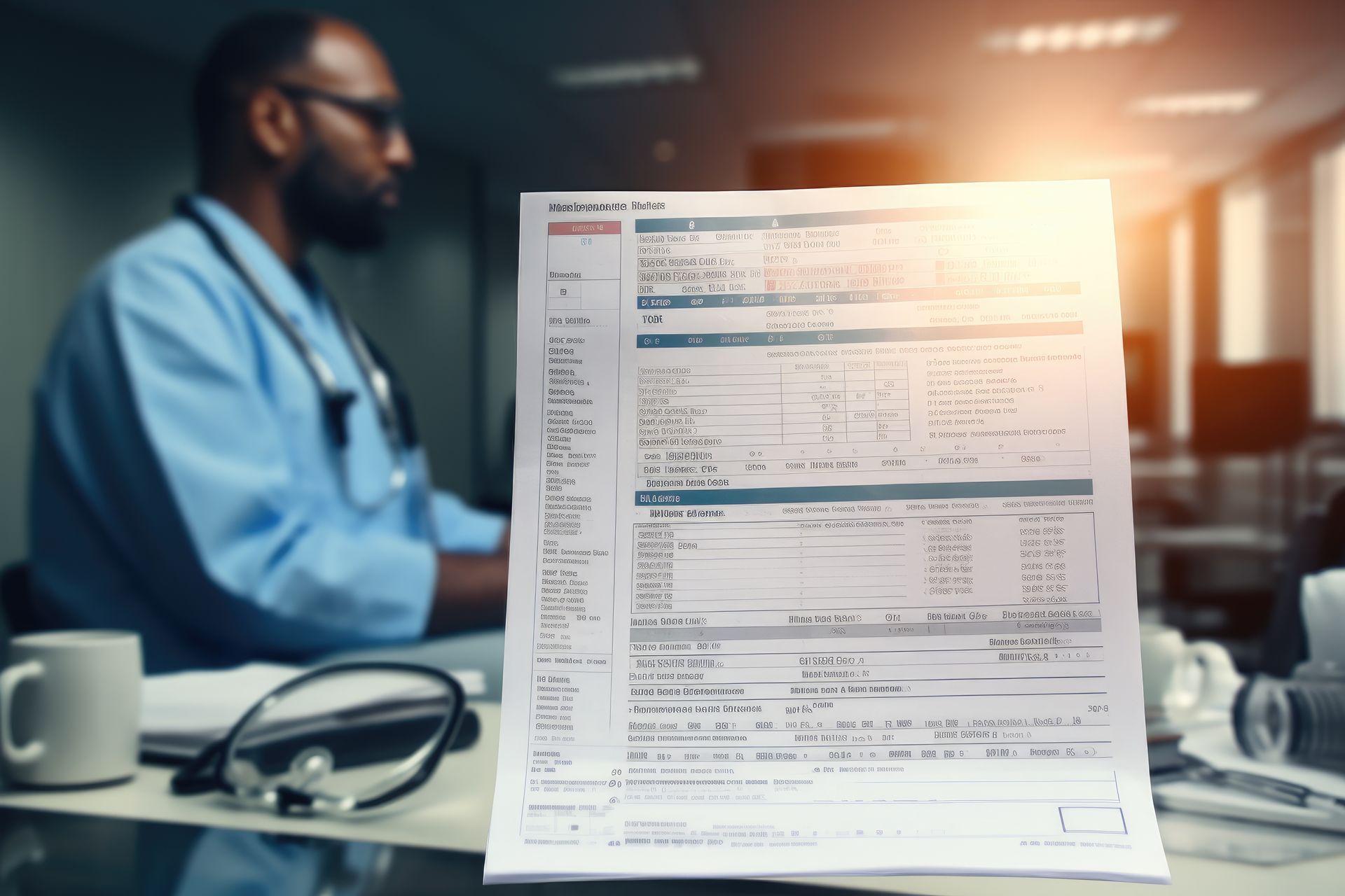 A doctor is sitting at a desk with a stethoscope around his neck.