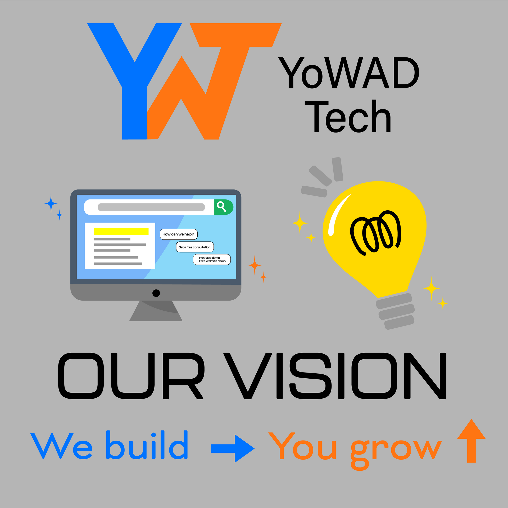YoWAD Tech logo: computer screen, lightbulb, and text