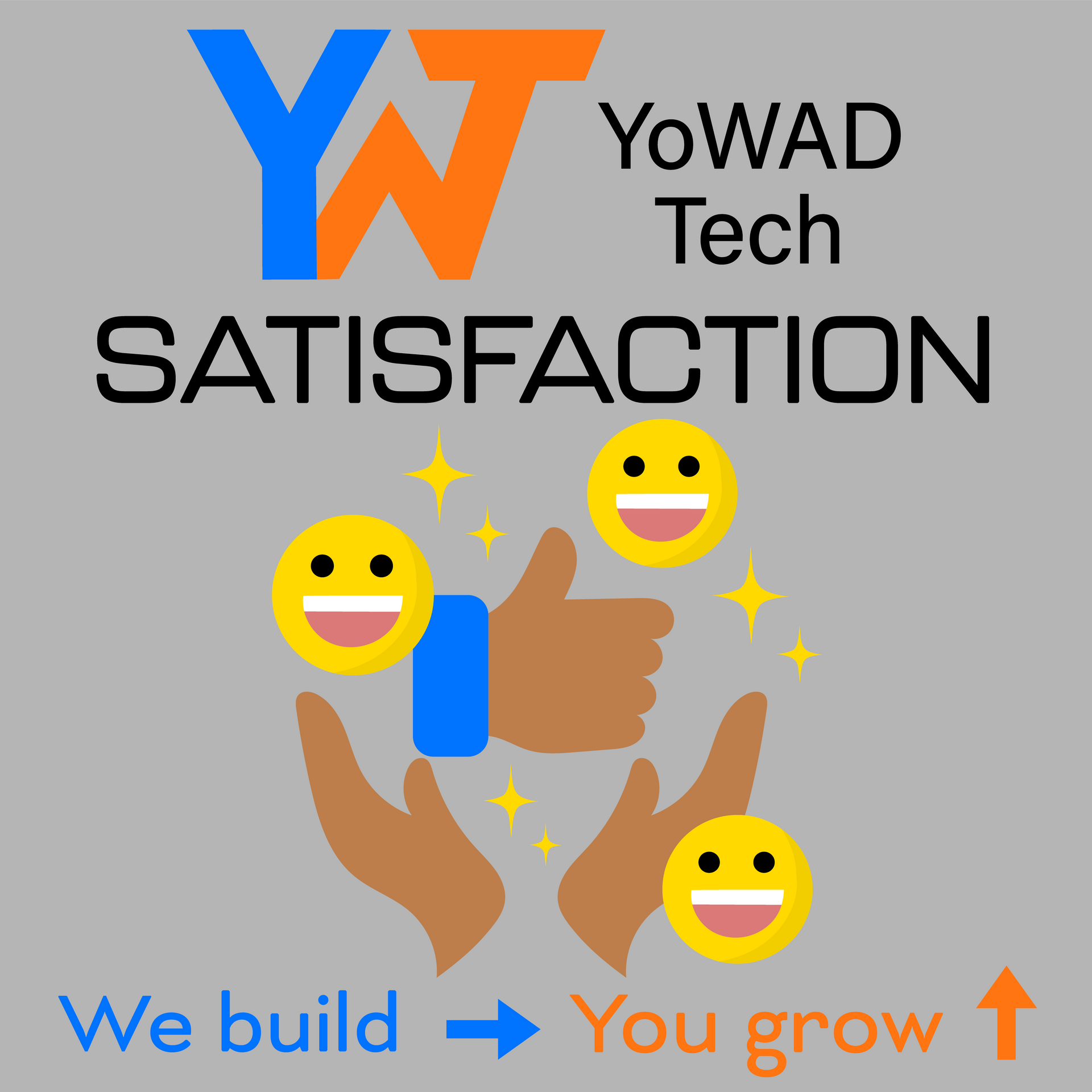 YoWAD Tech logo with hands holding smiling faces, thumbs up, satisfaction emphasized.