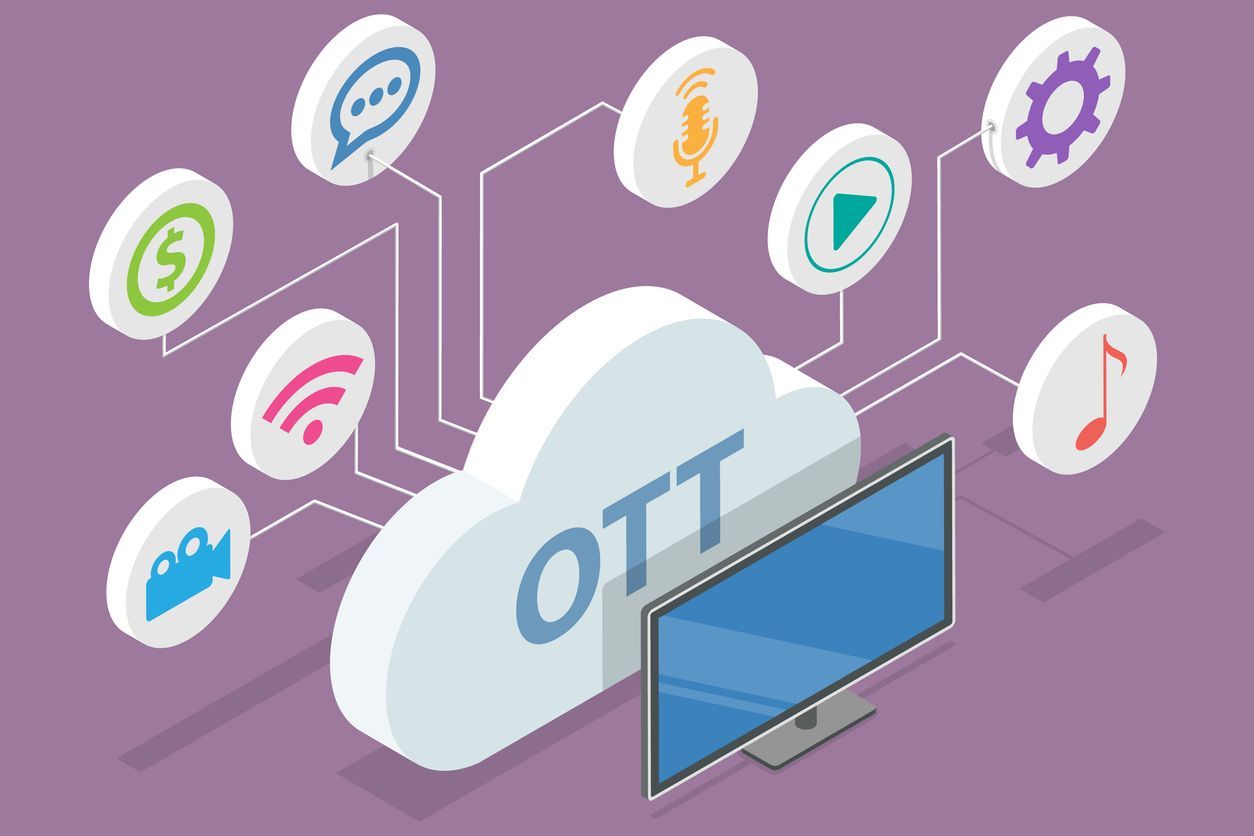 An isometric illustration of a cloud connected to a television.