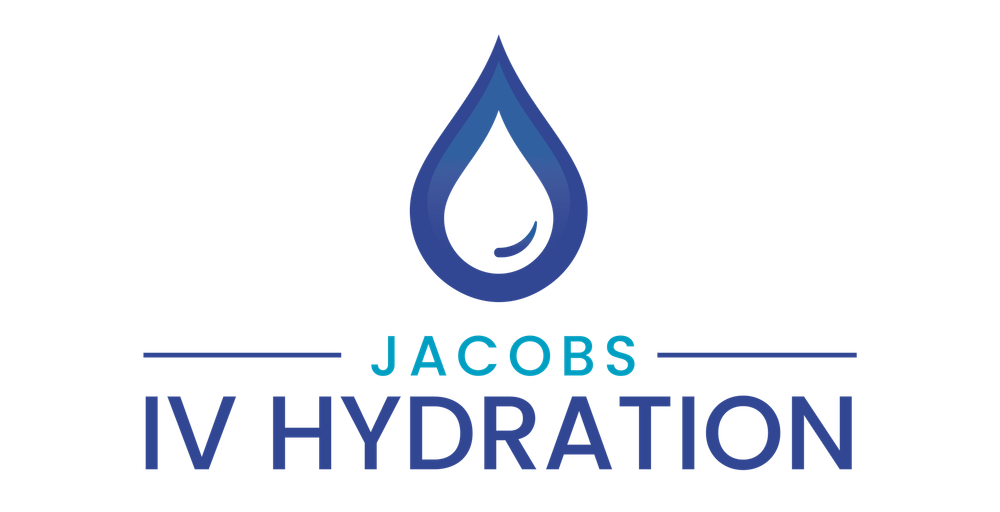 Jacobs iv hydration logo with a drop of water in the middle.