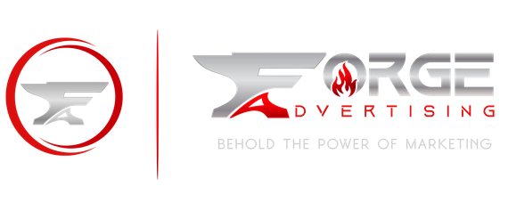 The logo for forge advertising shows a flame and the words `` behold the power of marketing ''.