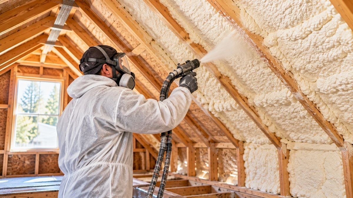 Technician spraying foam insulation on attic rafters in Bedford, MA.