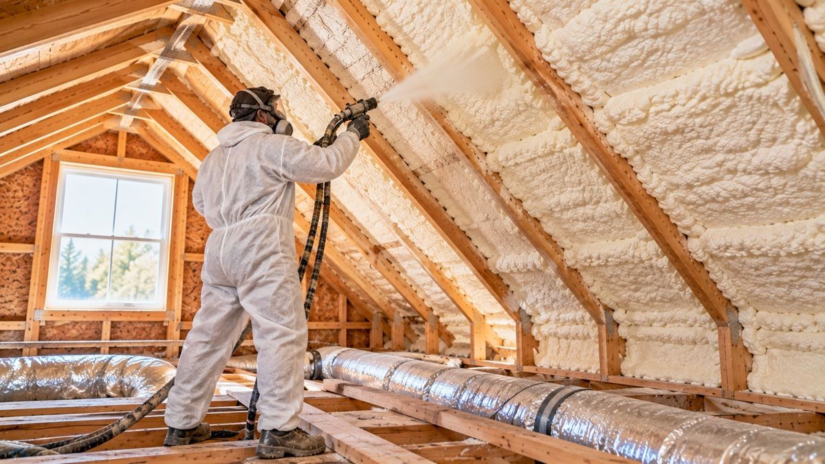 Worker installing spray foam insulation in a residential attic in Bedford, MA.