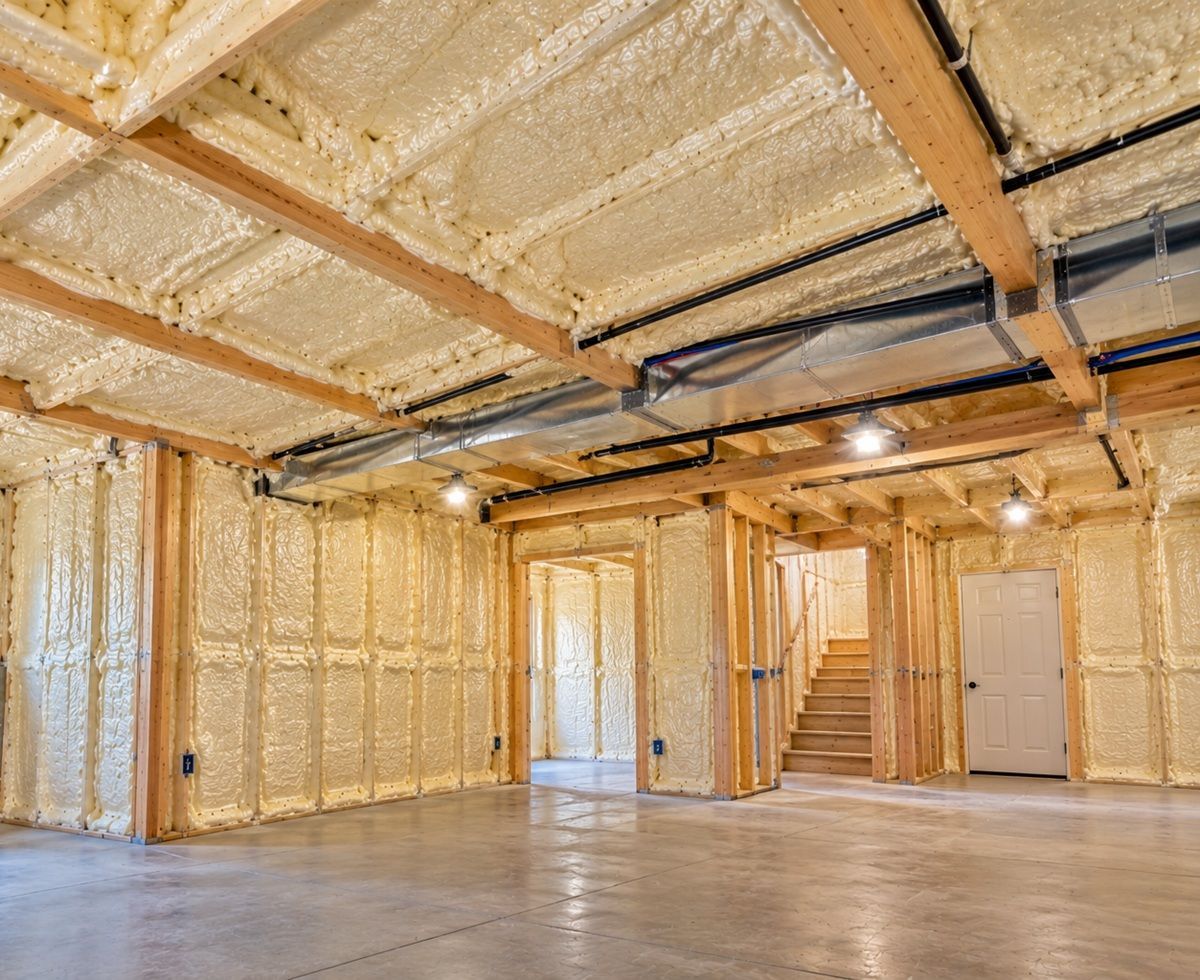 Closed-cell spray foam insulation on basement walls and ceiling around exposed framing and ductwork.