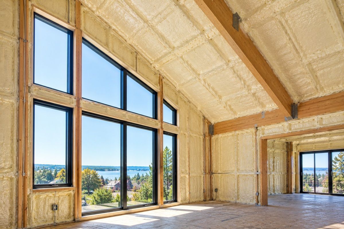Closed-cell spray foam insulation on vaulted ceilings and walls beside large windows.