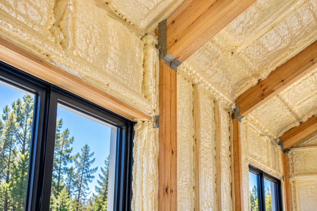 Close-up of closed-cell spray foam insulation around wooden rafters and black-framed windows.