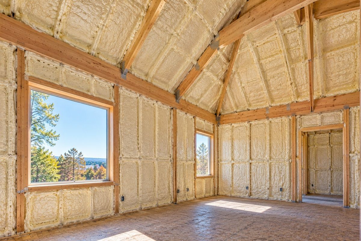 Closed-cell spray foam insulation across vaulted attic rafters and walls with wood-framed windows.
