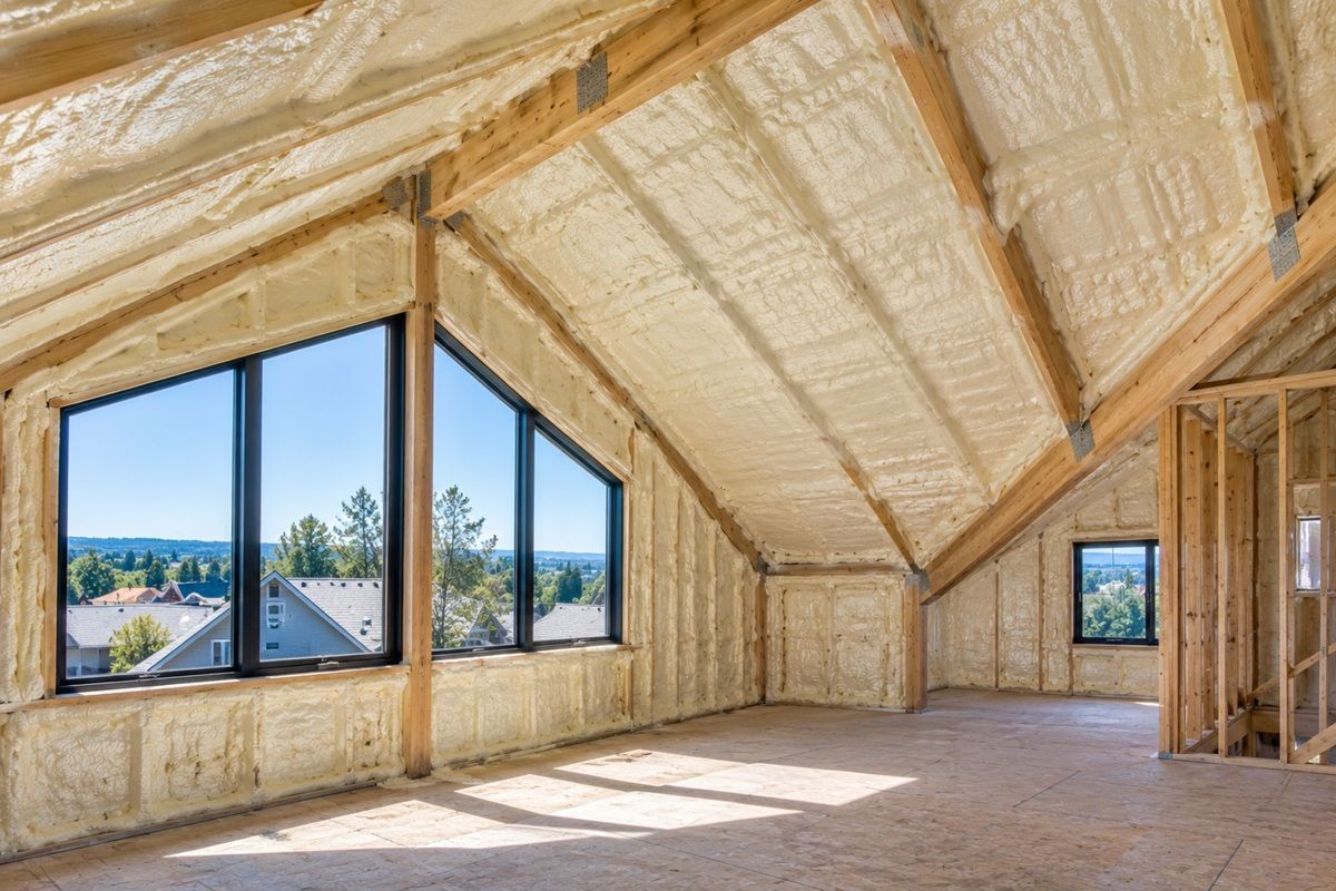 Closed-cell spray foam insulation along vaulted attic rafters and walls beside large windows.