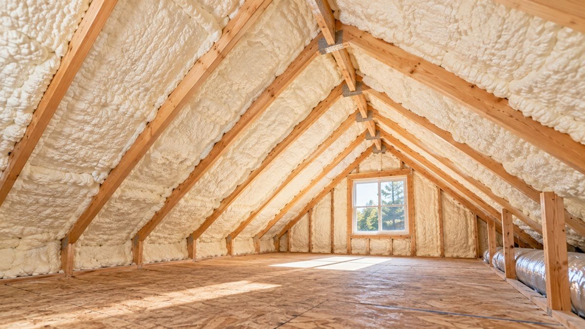 Completed attic with spray foam insulation on roof rafters in Bedford, MA.