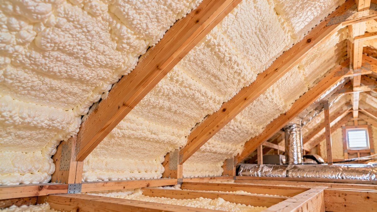 Close-up of completed spray foam insulation between attic rafters in Bedford, MA.