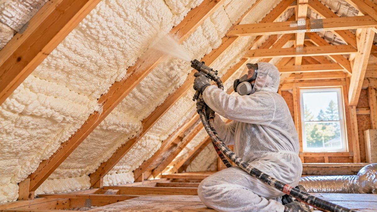 Technician applying spray foam insulation to attic rafters in Bedford, MA.