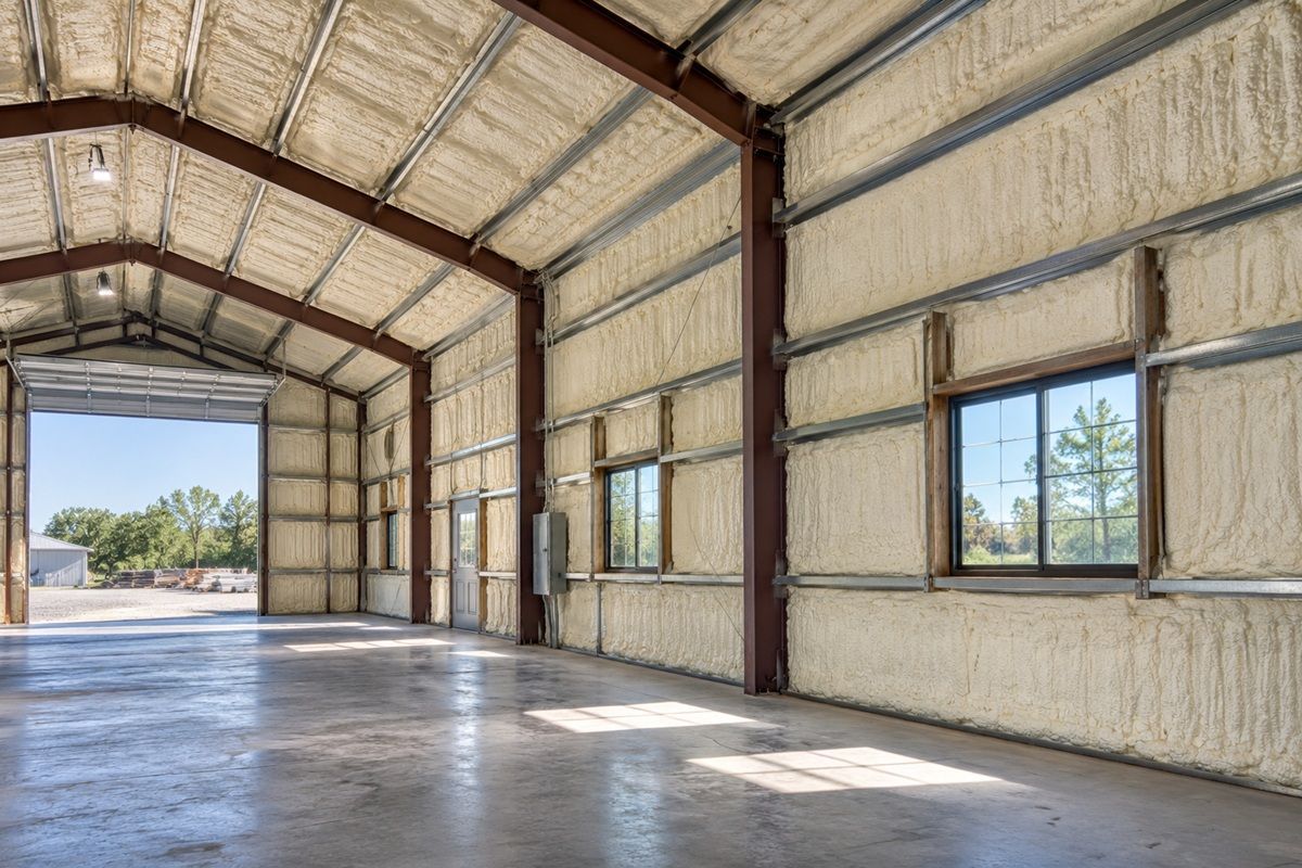 Spray foam insulation on metal building walls with framed windows and exposed steel beams.