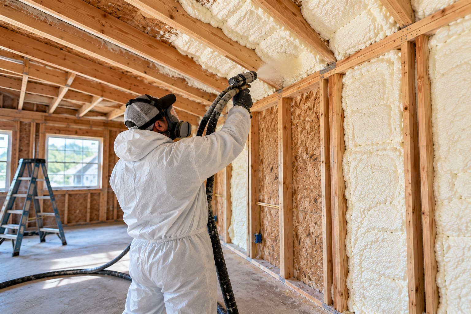 Professional spray foam insulation contractor applying foam to ceiling joists and wall cavities during a residential insulation project in New Bedford, Massachusetts.
