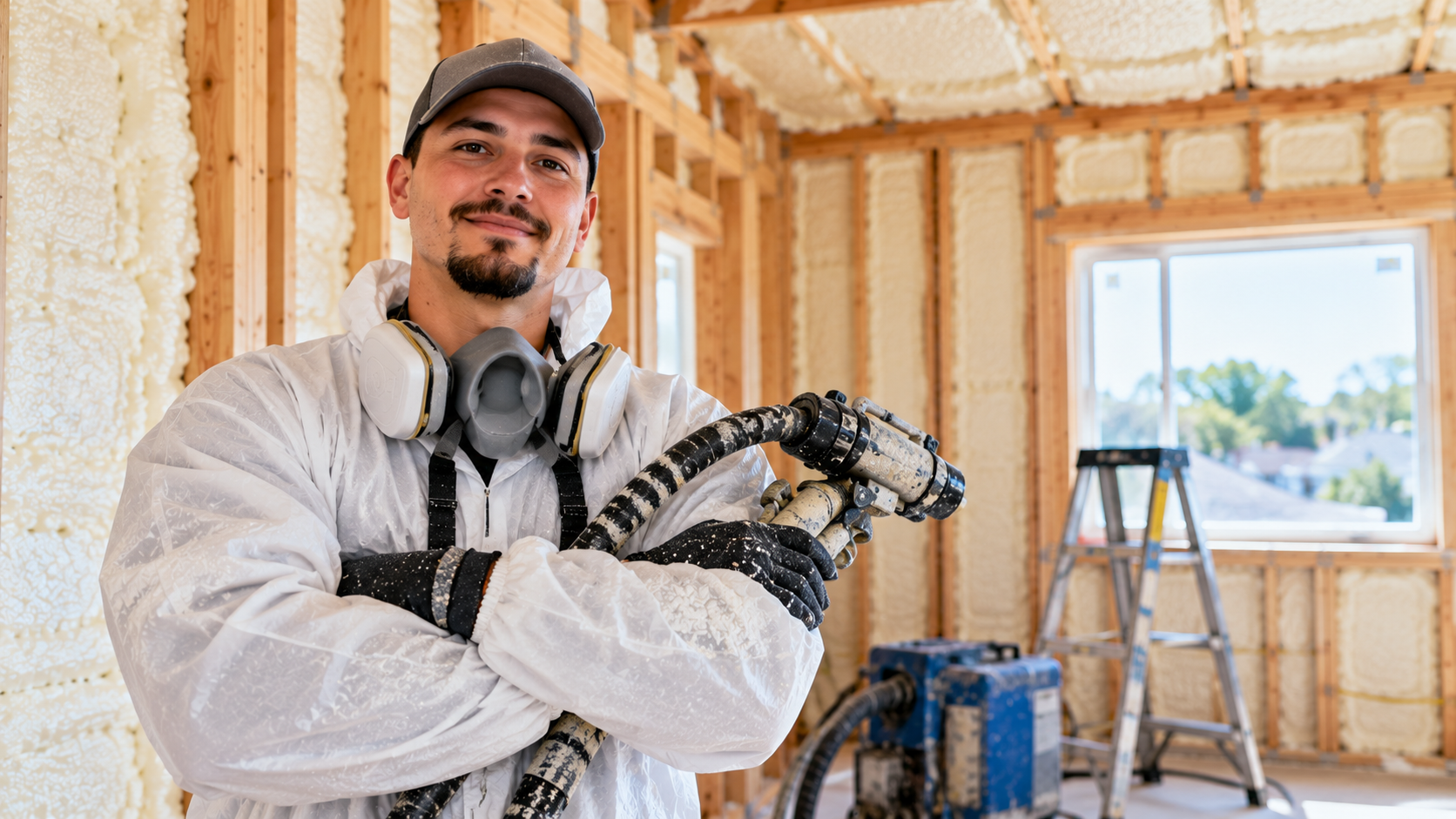 Experienced spray foam insulation contractor in protective gear holding professional equipment inside a newly insulated home in New Bedford, Massachusetts.