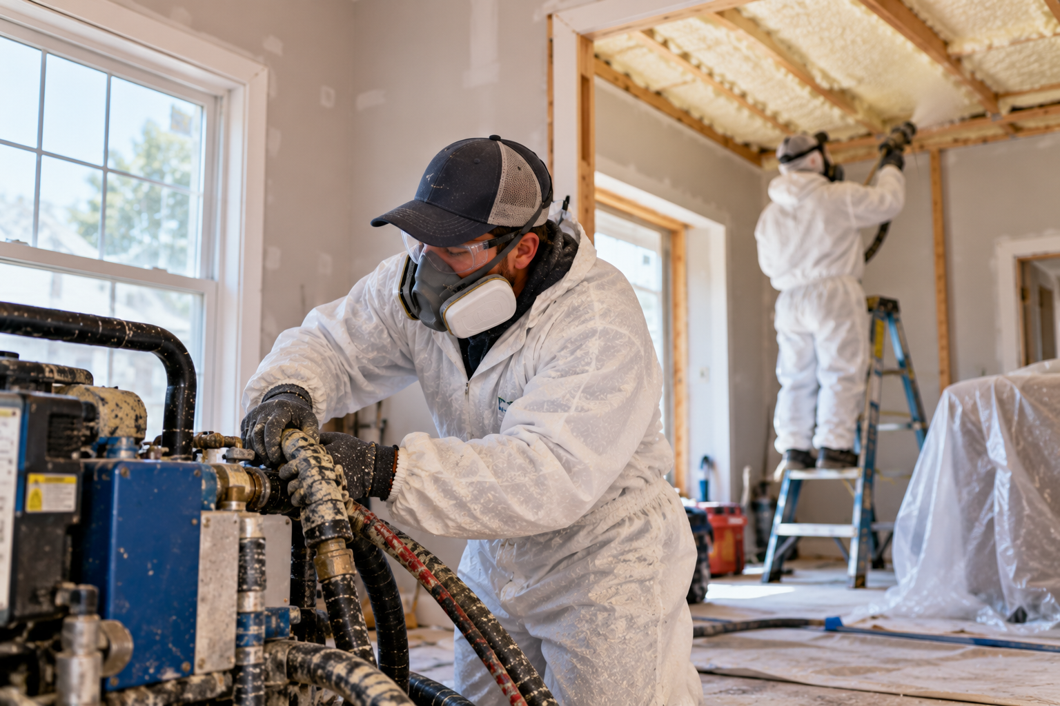 Professional insulation technicians operating spray foam equipment and insulating a ceiling during a residential renovation in New Bedford, Massachusetts.