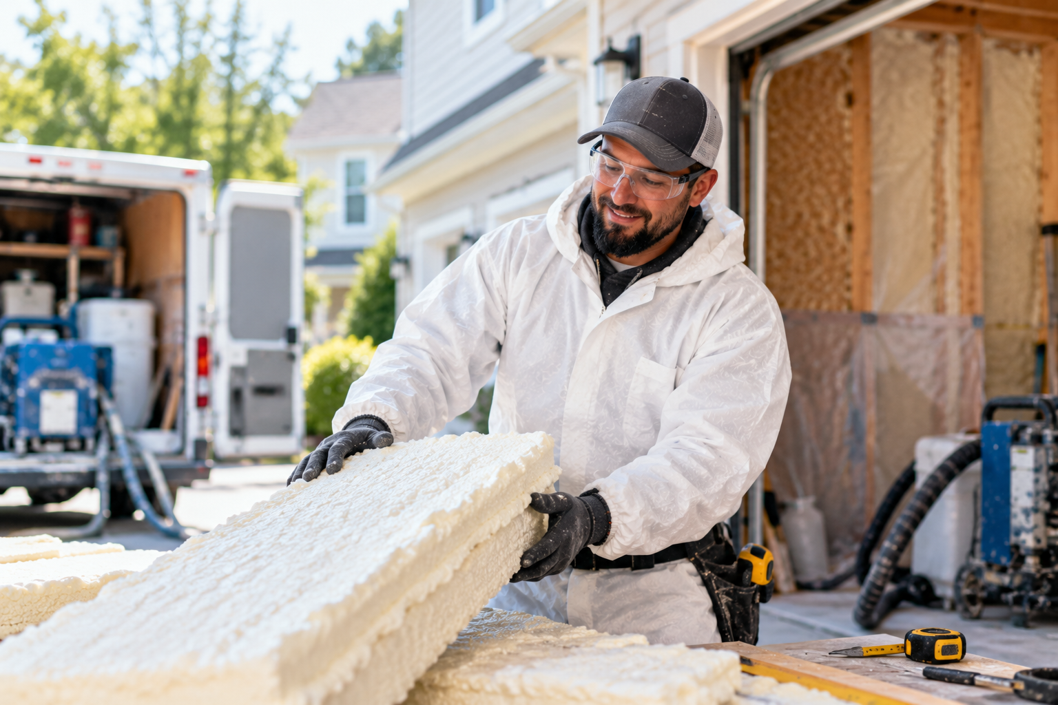 Spray foam insulation specialist explaining insulation quality and energy efficiency benefits to a homeowner in New Bedford, Massachusetts.