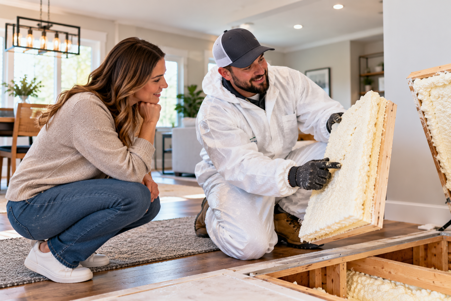 Professional spray foam insulation contractor inspecting insulation materials outside a residential property in New Bedford, Massachusetts.