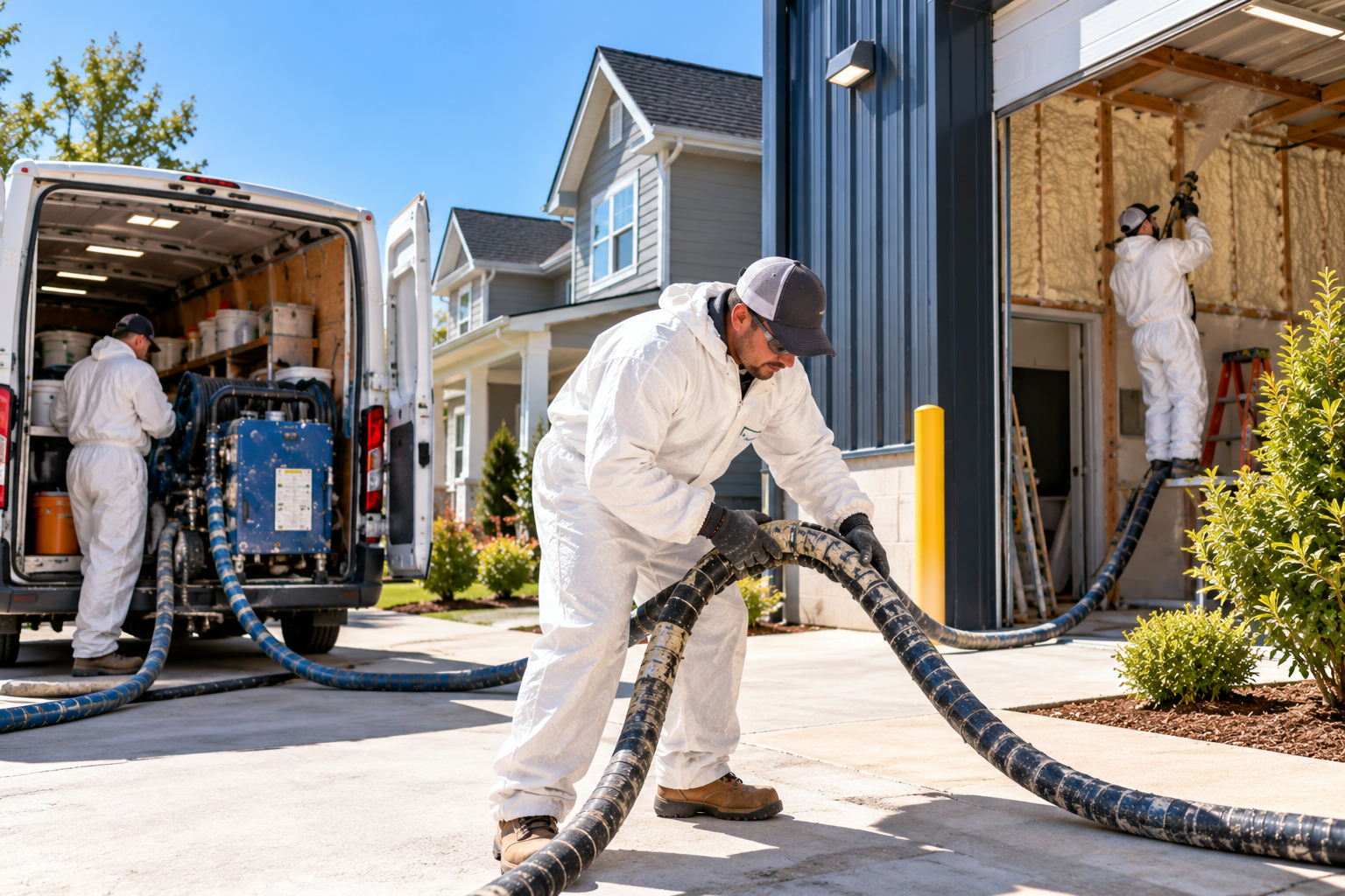 Spray foam insulation team preparing professional equipment for residential and commercial insulation services in New Bedford, Massachusetts.