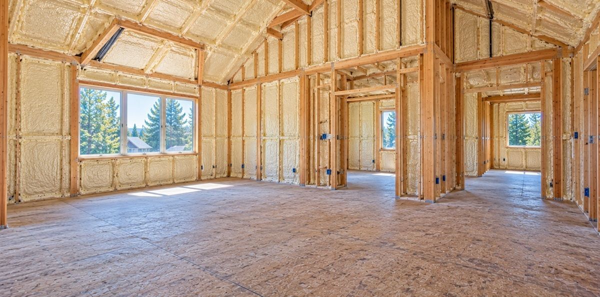 Closed-cell spray foam insulation on second-floor bedroom walls and vaulted ceiling.