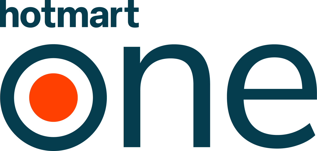 Um logotipo para hotmart one com um círculo vermelho no meio.
