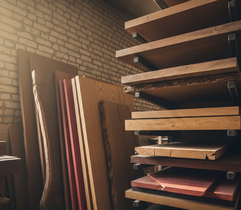 Assi di legno accatastate su scaffali e appoggiate a un muro di mattoni in un'officina.
