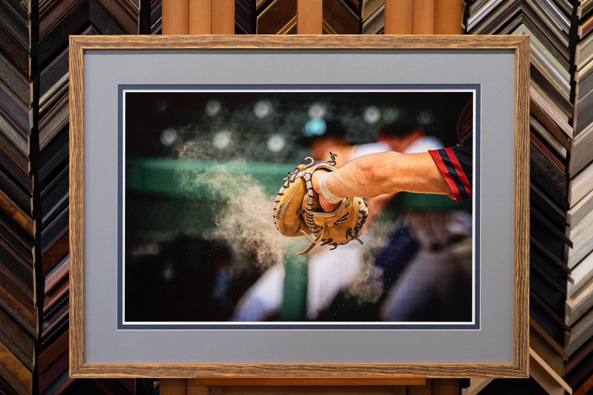 Custom framed image of a catchers glove.
