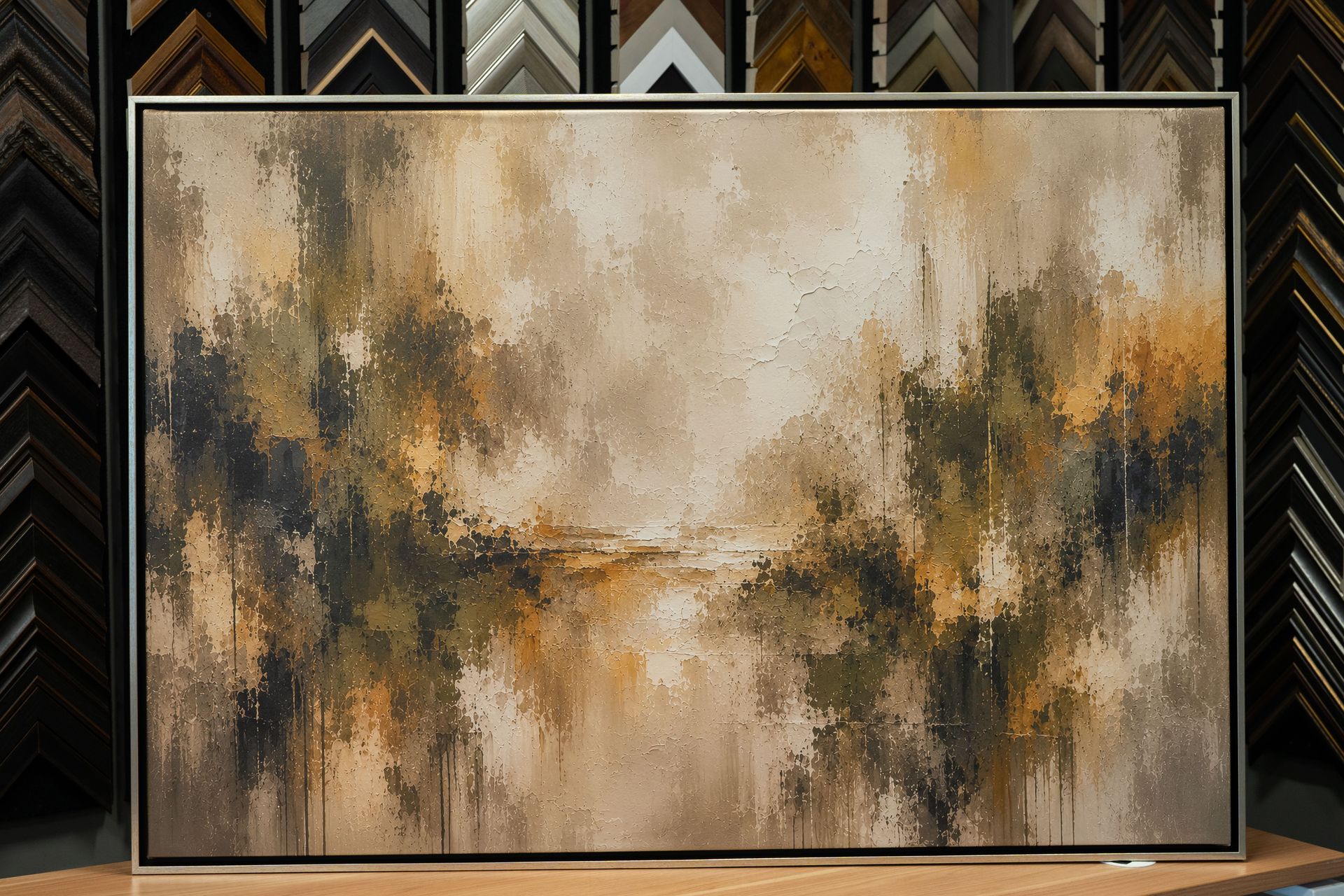 Custom framed abstract artwork in warm neutral tones