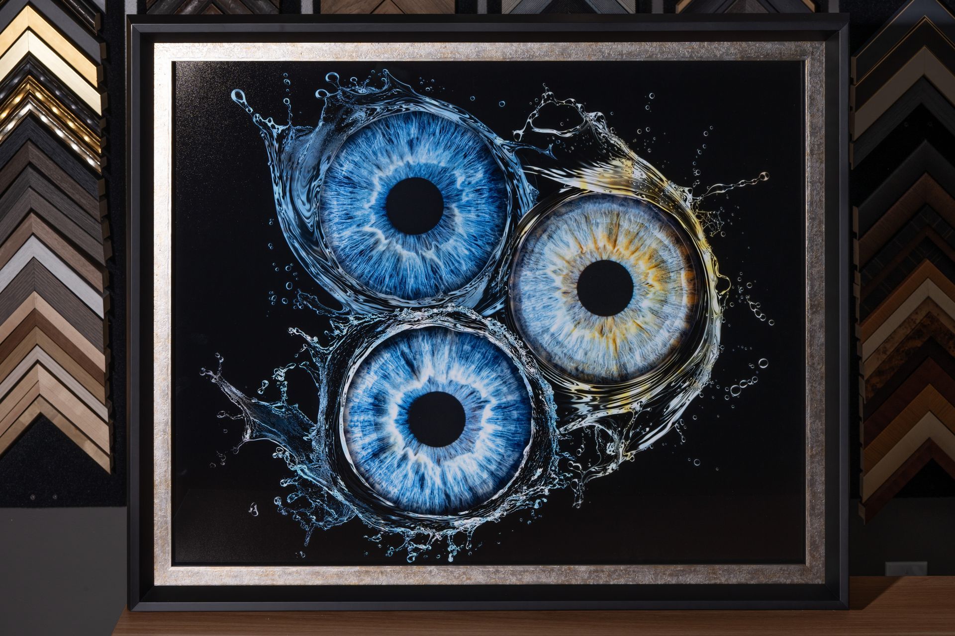 Custom framed blue abstract artwork with black frame