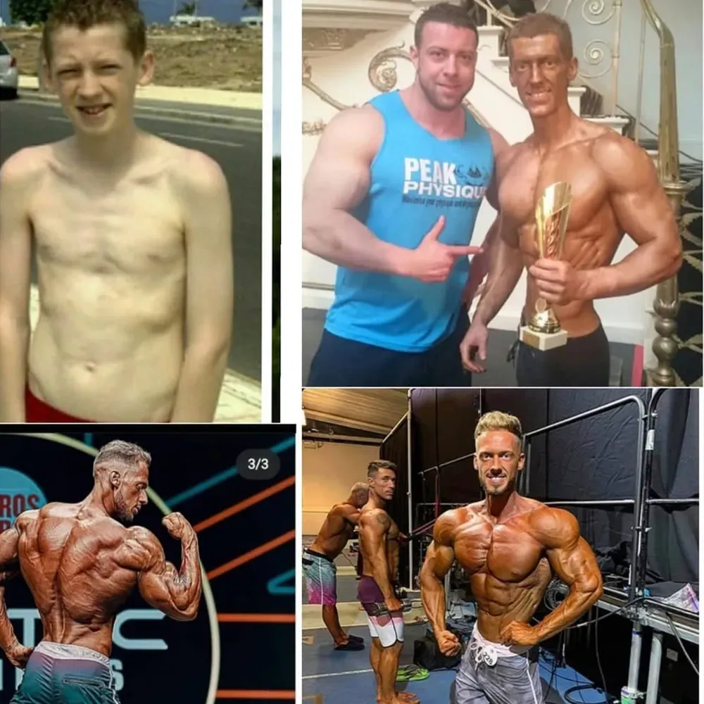 Transformation of a person; from skinny to muscular physique, showcasing bodybuilding poses, competitions.