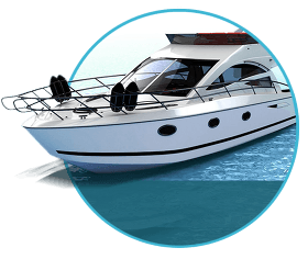A white boat is floating on top of a body of water