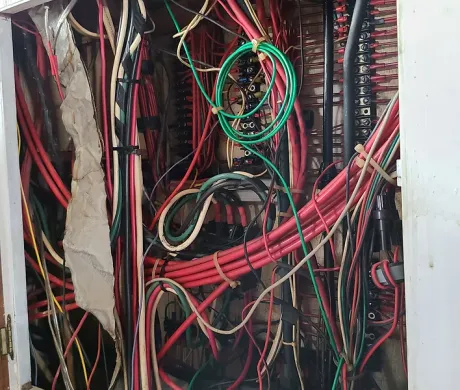 A very messy electrical box with a lot of wires coming out of it