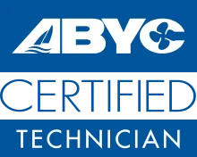 A blue and white logo for abyc certified technician