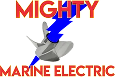 A logo for mighty marine electric with a propeller and lightning bolt
