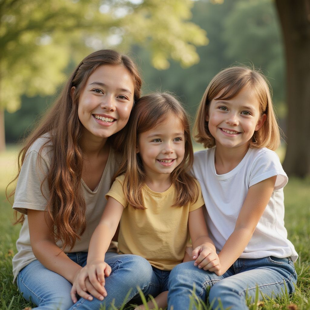Three smiling girls sitting on grass in a park.