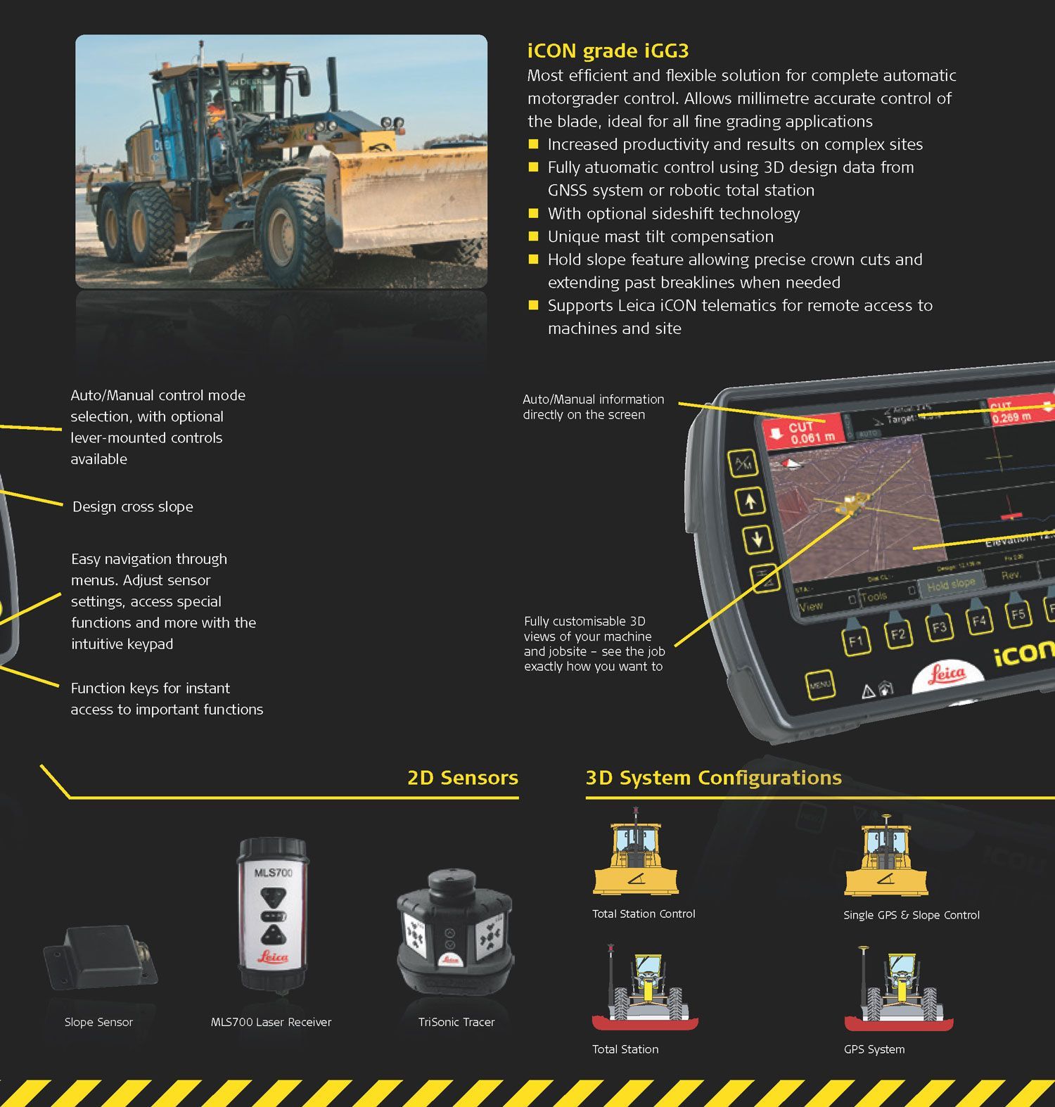 Construction grader using 3D sensors and screen. Equipment configurations shown.