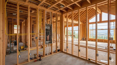 Interior view of a building under construction, showing wooden framing, electrical wiring, and a breaker panel.