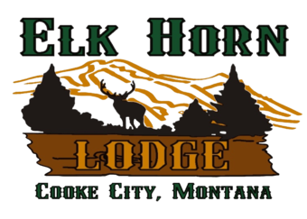 Elk Horn Lodge logo with elk silhouette, pine trees, and Cooke City, Montana text