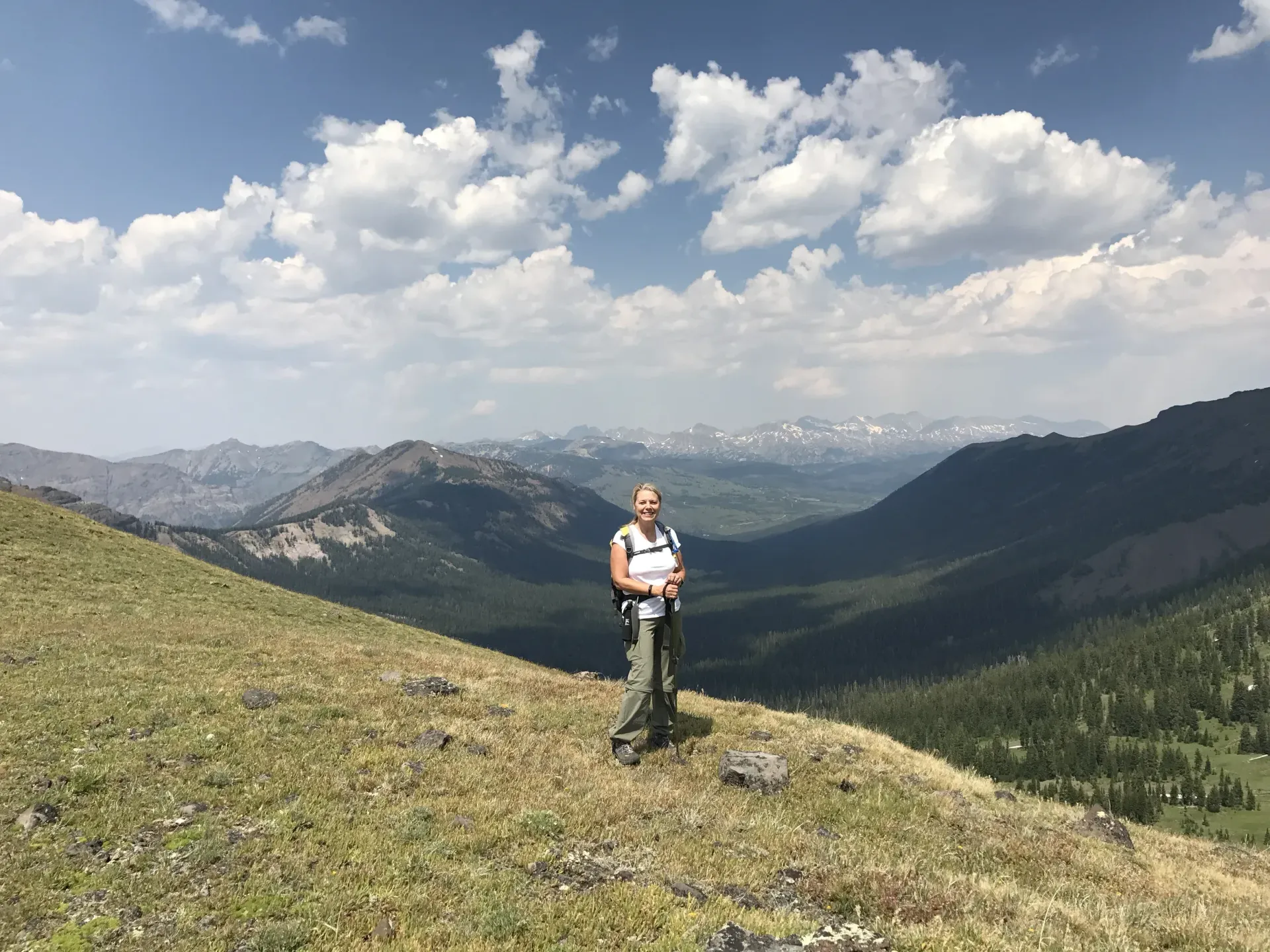 Person standing on a grassy mountain ridge with forested valleys and cloudy blue sky behind.