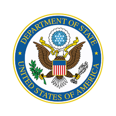 U.S. Department of State seal with eagle, shield, stars, and blue circular border