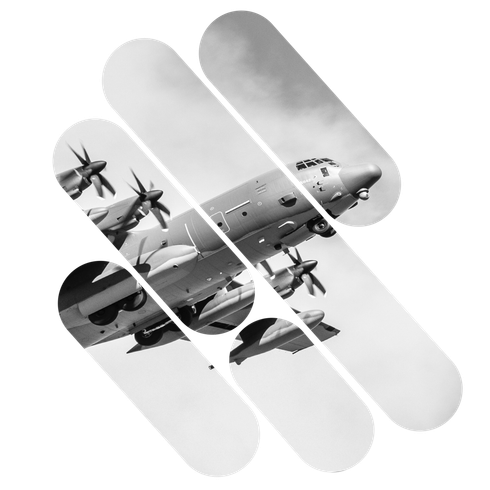 Grayscale collage of a military transport aircraft with propellers and missiles in a geometric layout