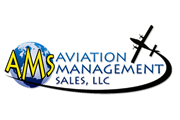 Aviation Management Sales, LLC logo with blue globe, yellow “AMS” letters, and black airplane silhouette