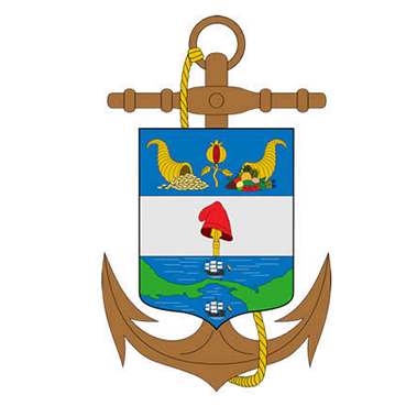 Naval-style coat of arms with anchor, ship, red mushroom, blue sea and yellow birds