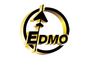 EDMO logo with gold and black stylized globe and arrows around bold text