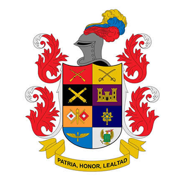 Military-style coat of arms with red, yellow, black and blue shield, topped by helmet and tricolor plume