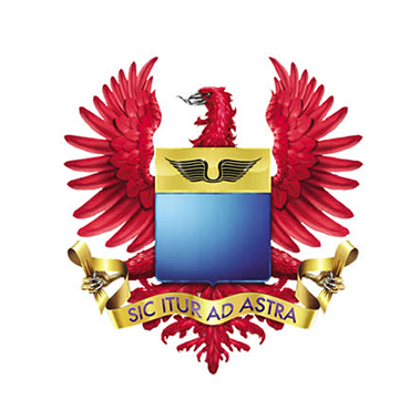 Winged red eagle crest with blue shield and gold banner reading “Sic Itur Ad Astra”