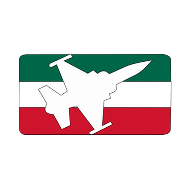 White jet silhouette on a green, white, and red striped flag background