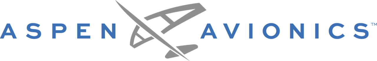 Aspen Avionics logo with blue text and a stylized gray airplane icon