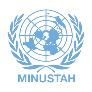 Blue UN peacekeeping emblem with globe and laurel wreath, labeled MINUSTAH